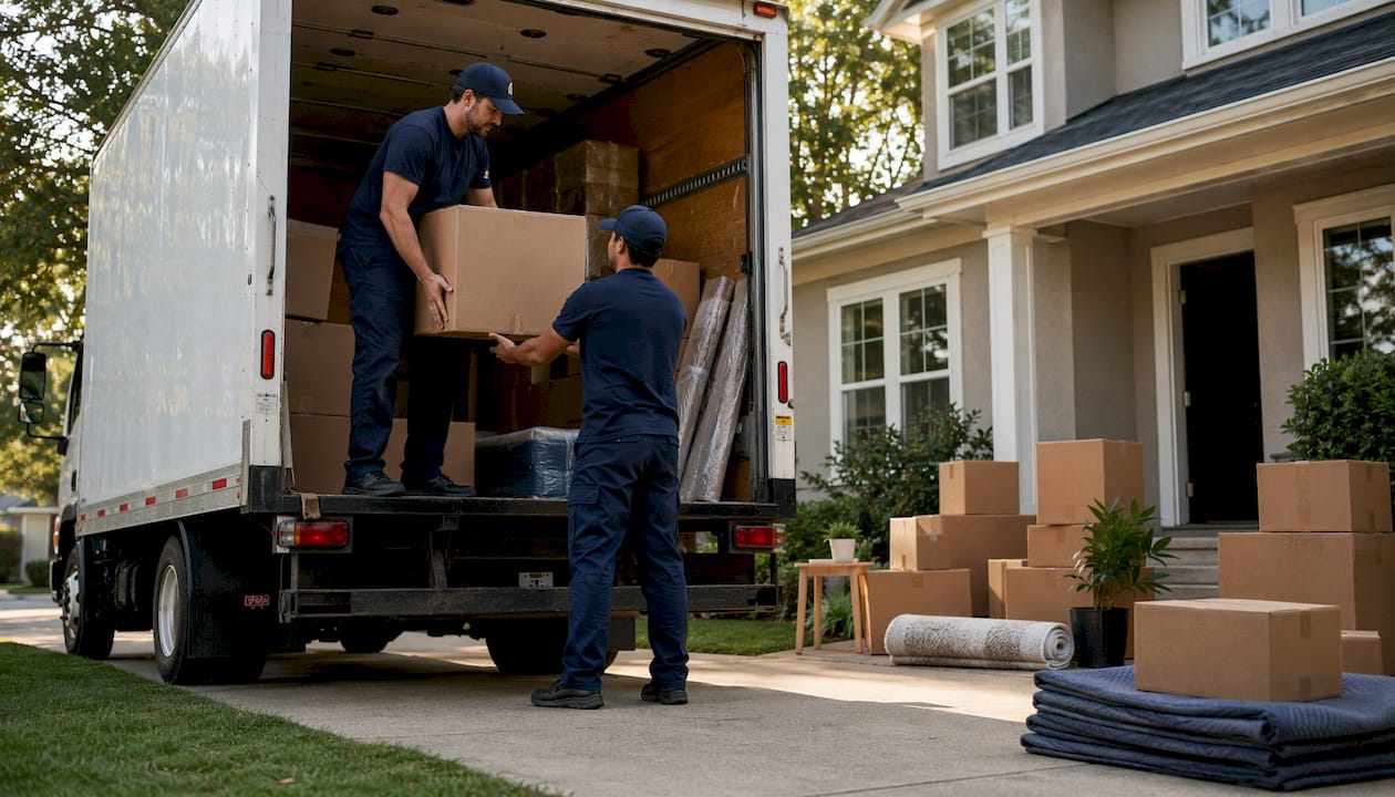 Professional movers loading truck outdoors