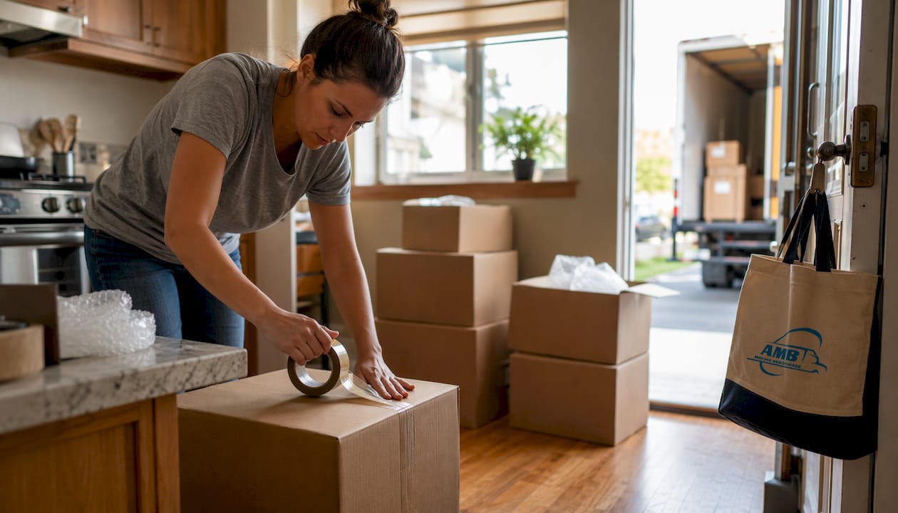 Homeowner packing belongings into moving boxes indoors