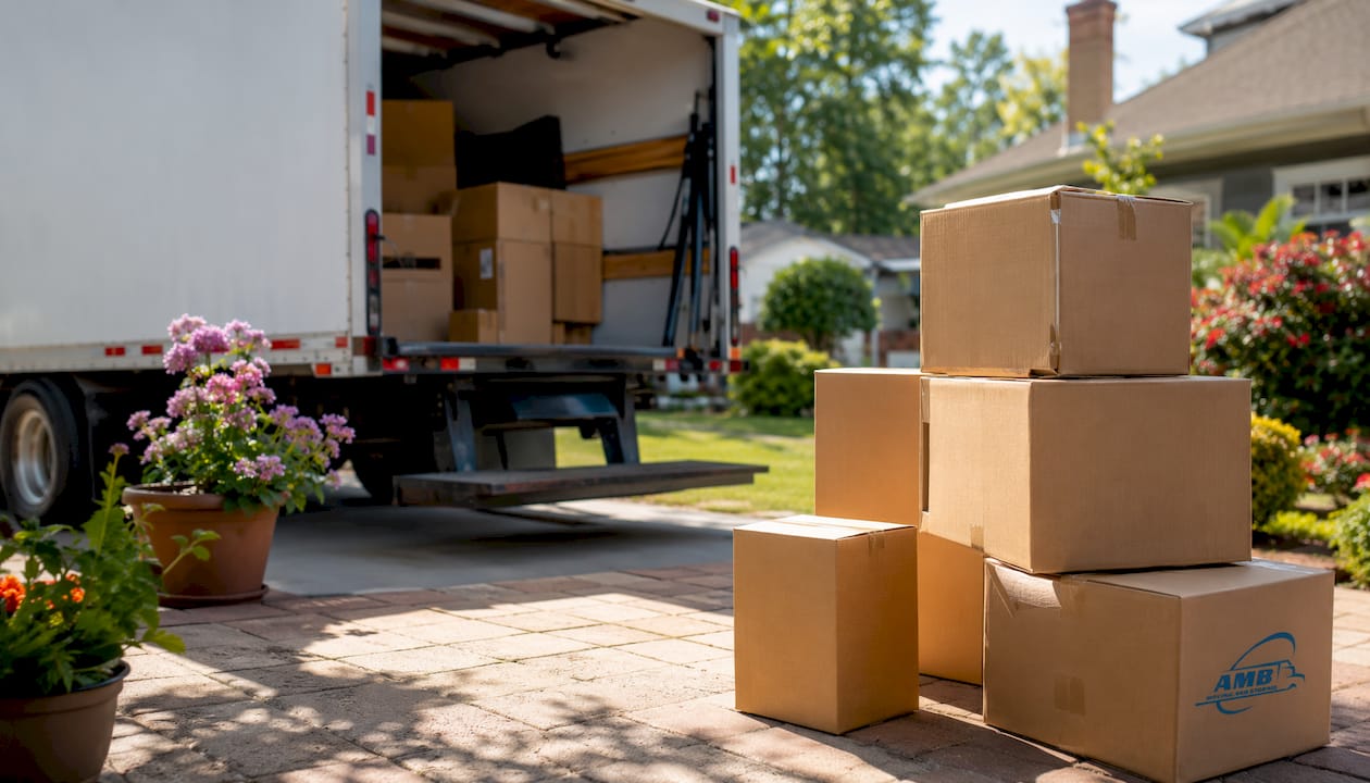 Moving truck loaded with boxes by house driveway