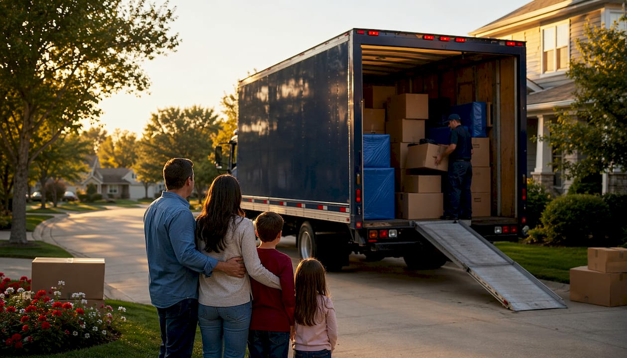 Moving truck loaded with boxes in driveway