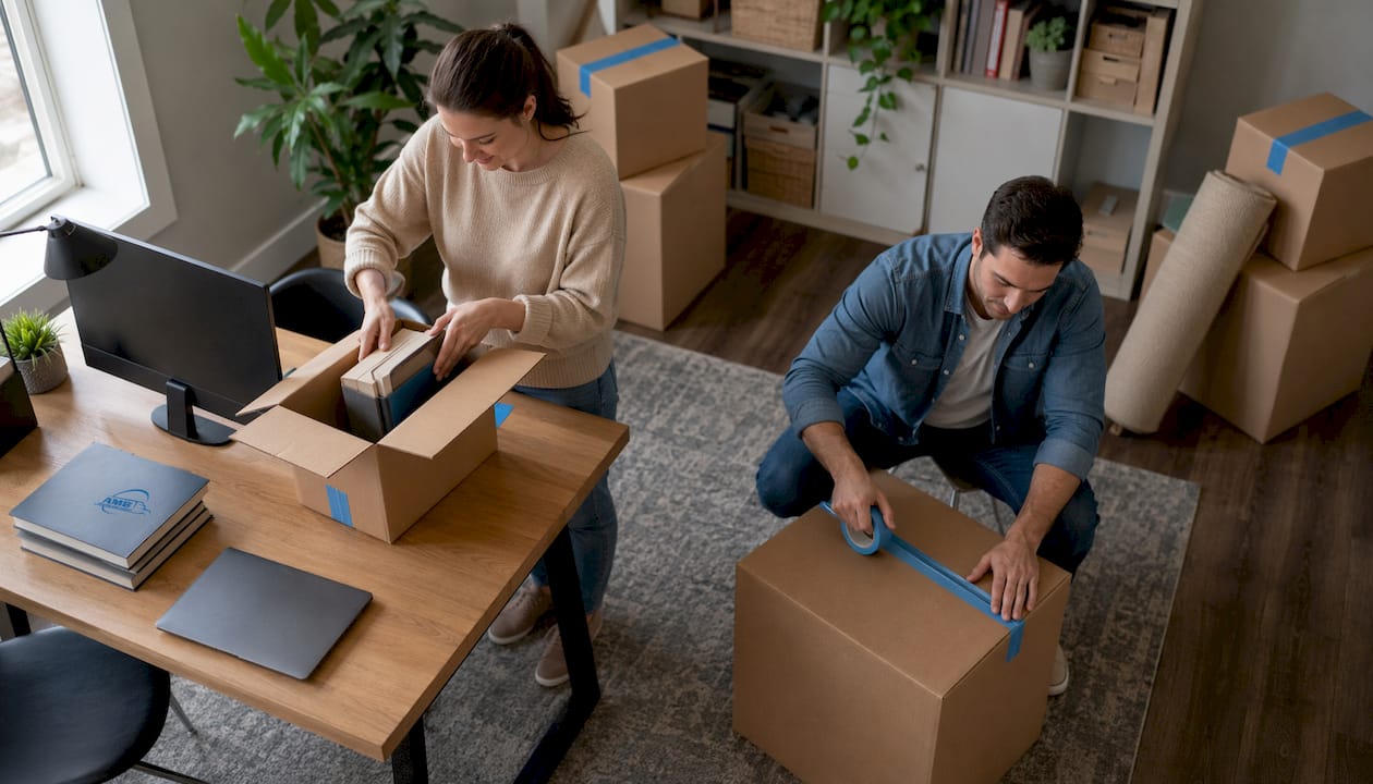 Couple packing boxes at home for move