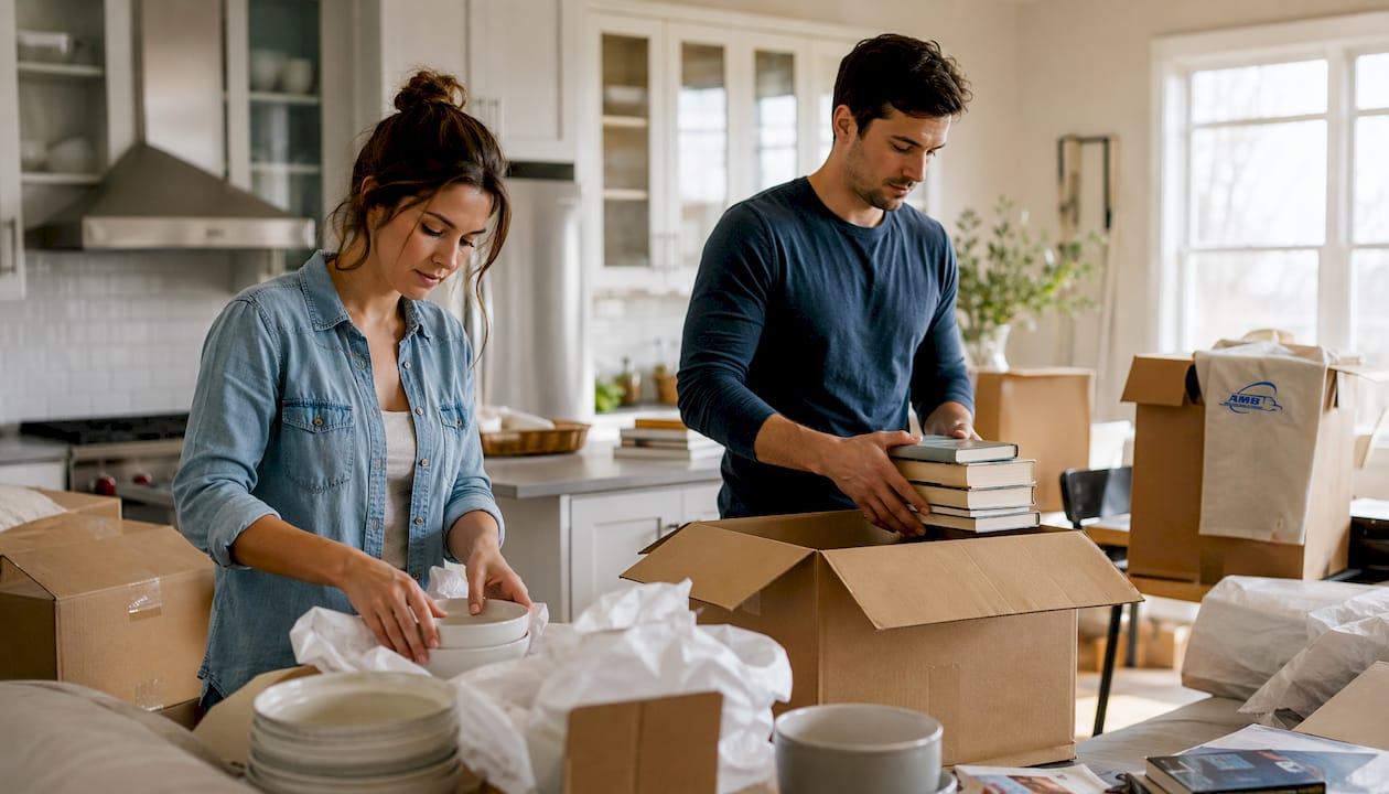 Couple packing and labeling boxes at home