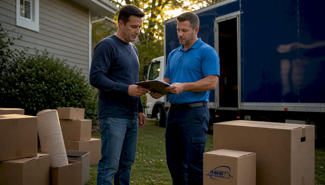 Homeowner and mover reviewing documents outdoors