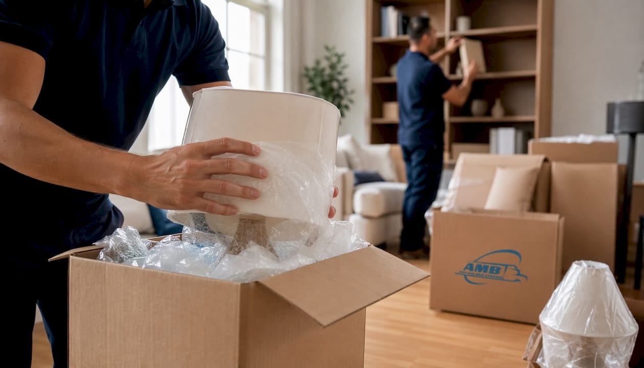 Professional movers unpacking and organizing living room