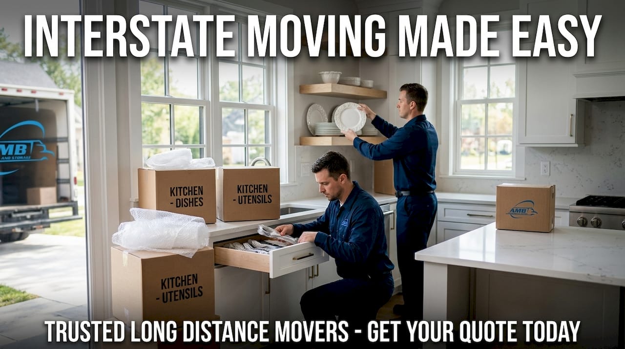 Movers unpacking kitchen boxes inside new home