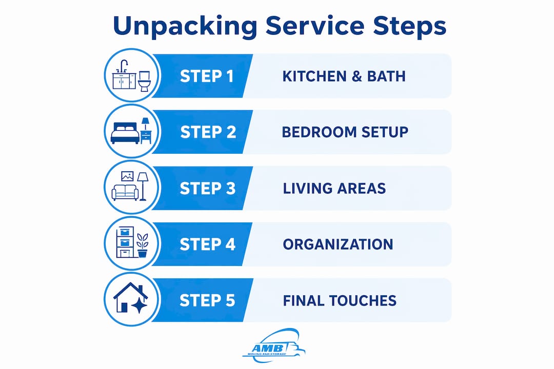 Infographic illustrating unpacking service step-by-step process