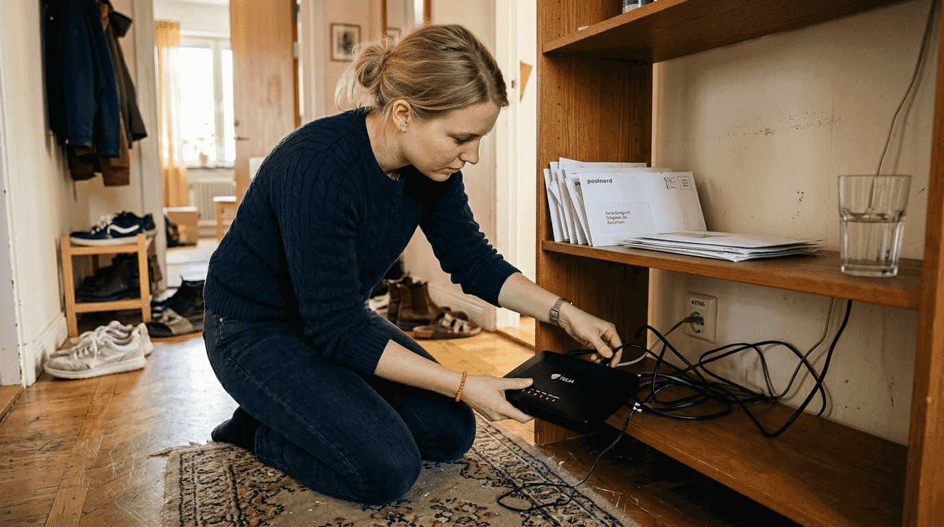 Kvinna startar om routern under felsökning av hemmets wifi