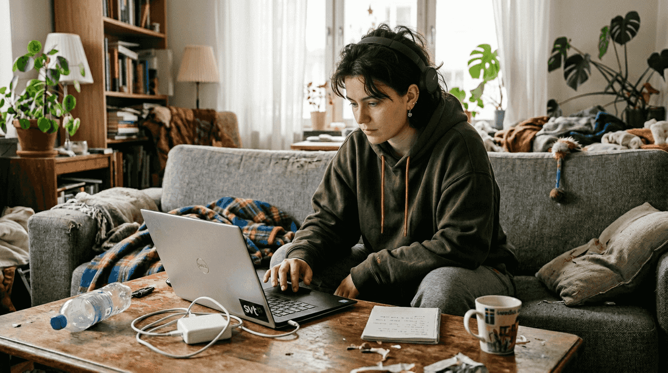 En ung kvinna sitter vid sin laptop och använder Windows inbyggda verktyg för att lösa datorproblem.