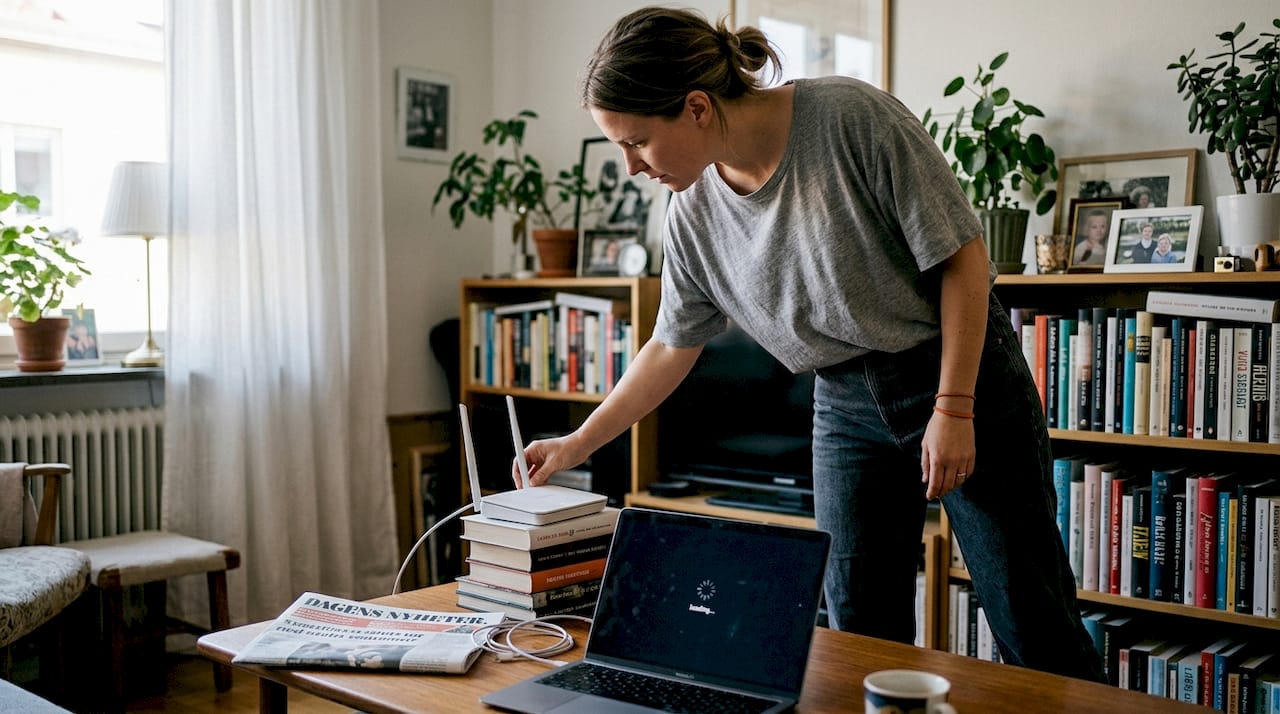 En kvinna flyttar på sin router för att få bättre wifi-täckning hemma.