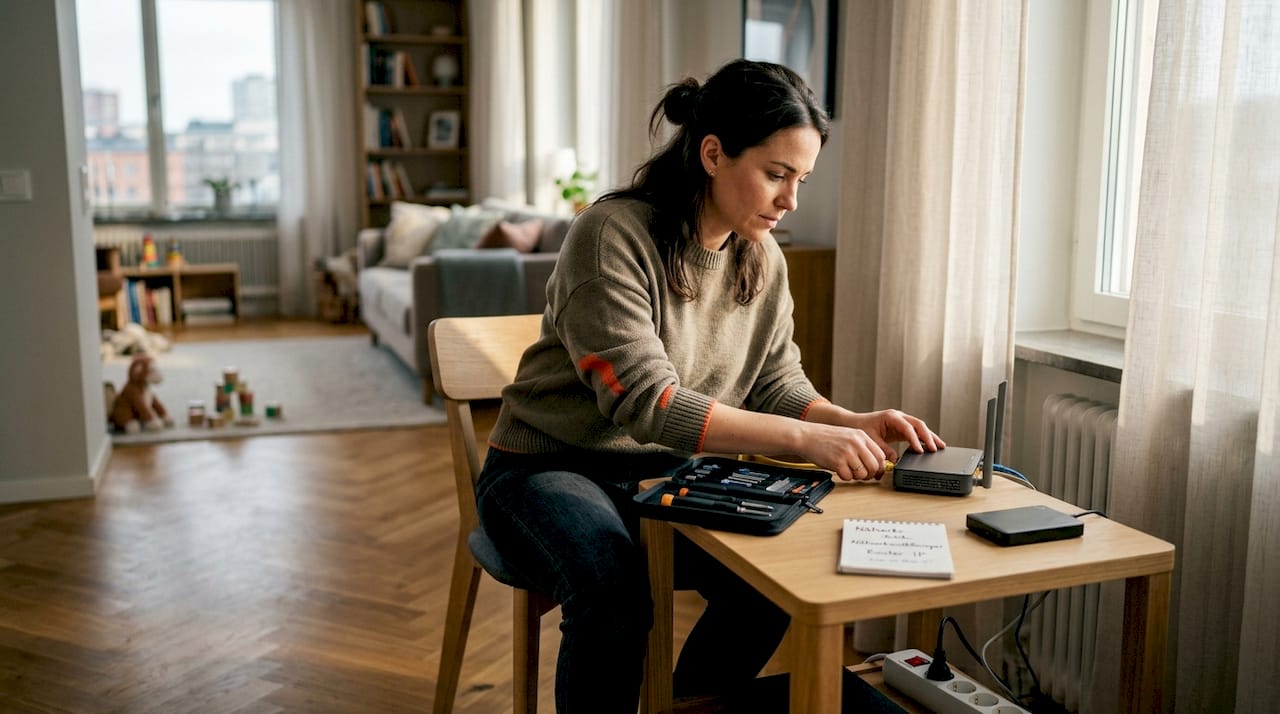 IT-tekniker som ser över och säkrar hemmets nätverk vid tv-bänken