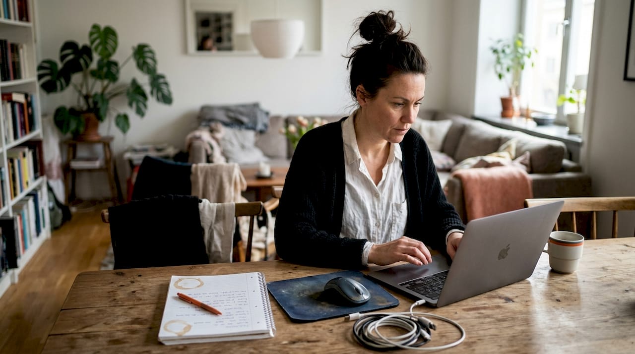 En person sätter sig i vardagsrummet och startar sin laptop, trots att det ligger ett tunt lager damm på bordet.