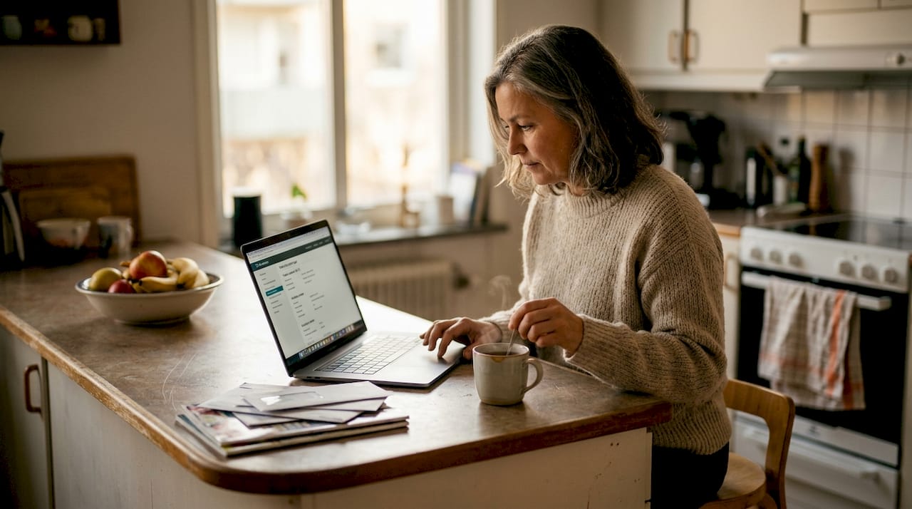 Kvinna sitter vid köksbänken och kollar igenom sina wifi-inställningar.