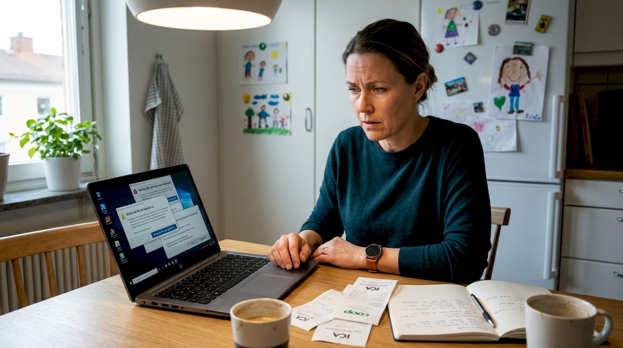 Kvinna ser bekymrad ut framför datorn när irriterande pop-up-fönster dyker upp på skärmen.