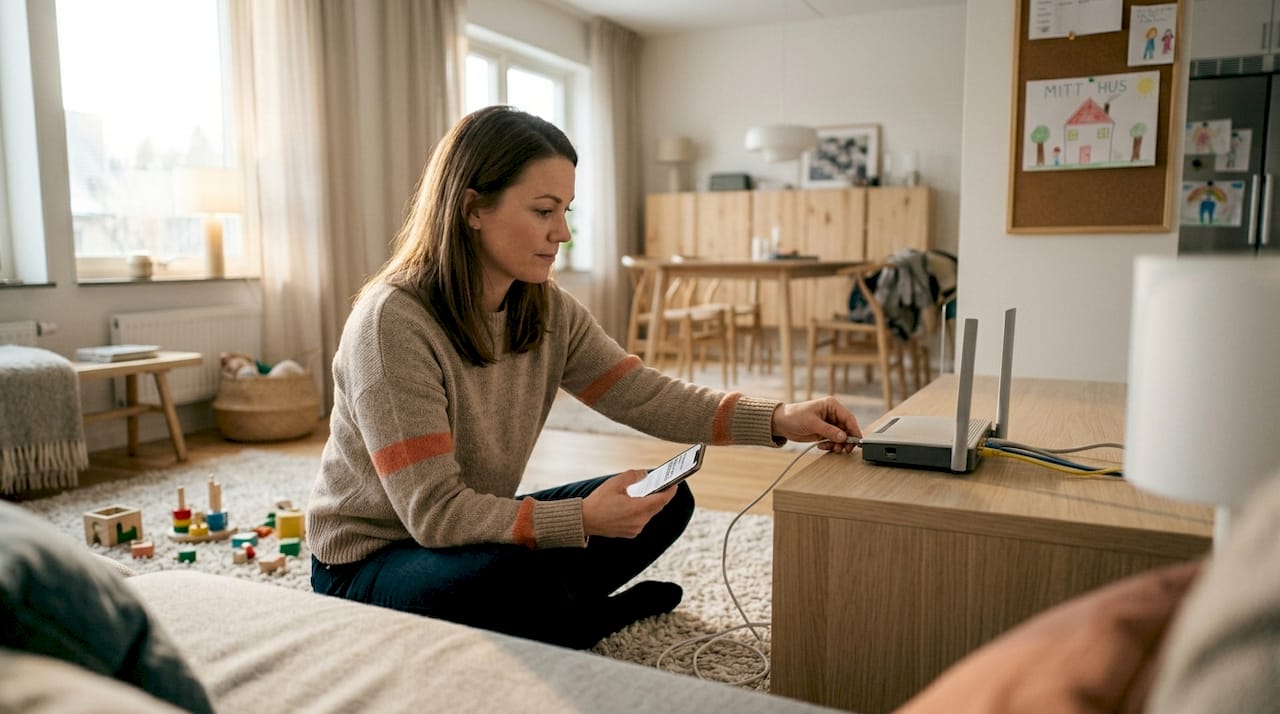 En kvinna försöker lösa problem med wifi-routern hemma i vardagsrummet.