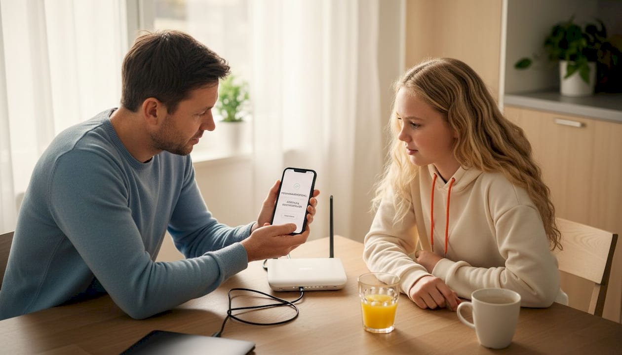 Hemma hos familjen blir det samtal om hur man kan använda teknik på ett säkert sätt runt matbordet.