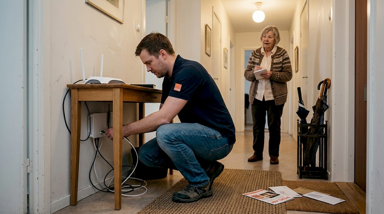 En IT-tekniker gör hembesök för att hjälpa en kund lösa datorproblem.