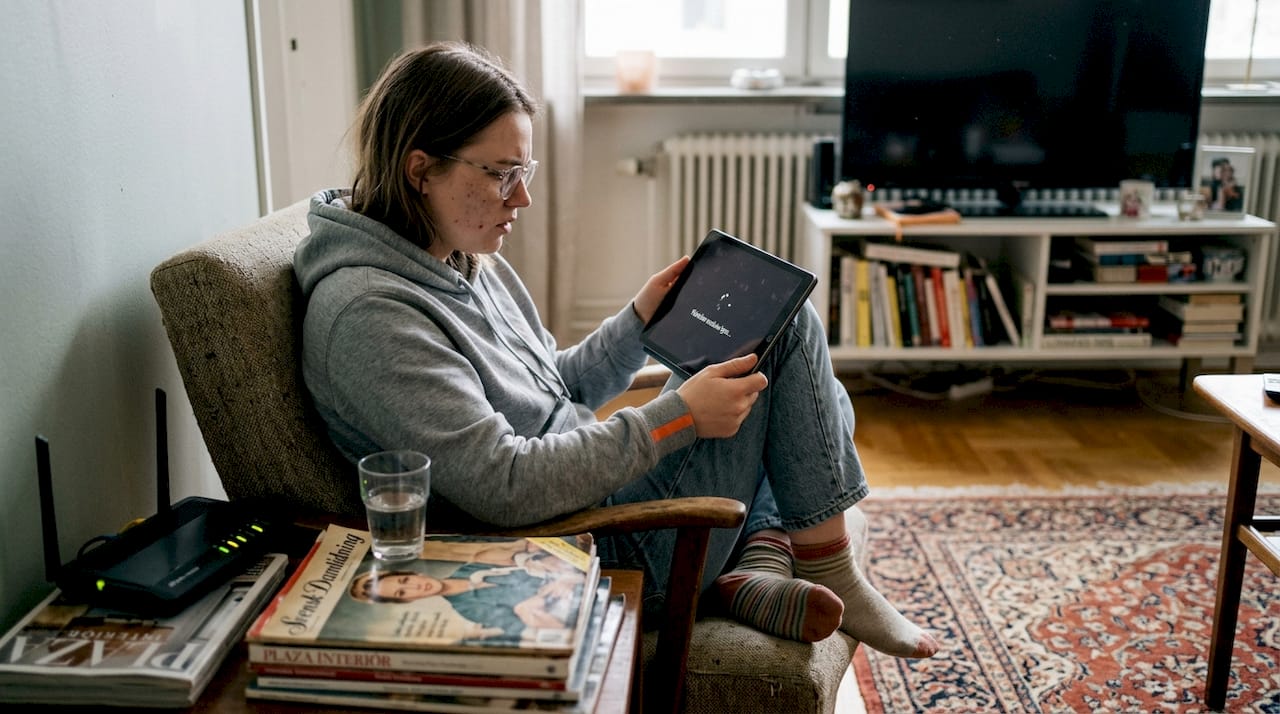 Kvinna sitter i vardagsrummet och kämpar med segt wifi