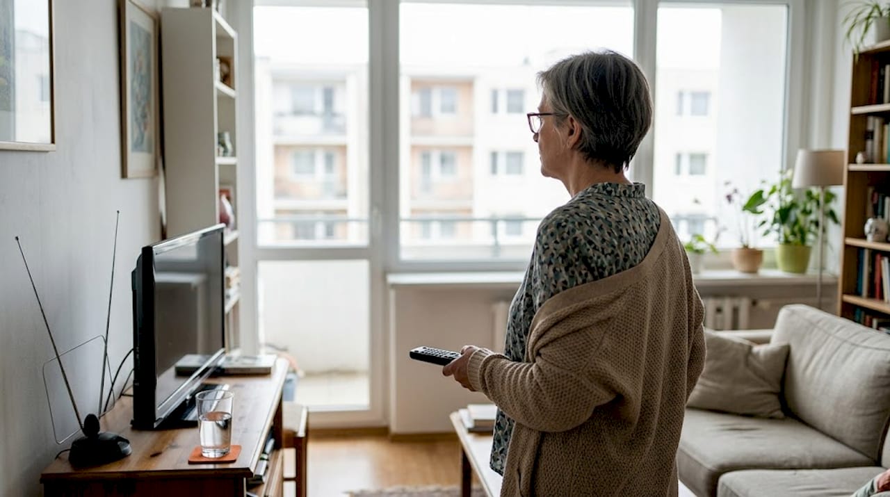 En kvinna står vid fönstret i sin lägenhet och försöker få bättre mottagning på tv:n.