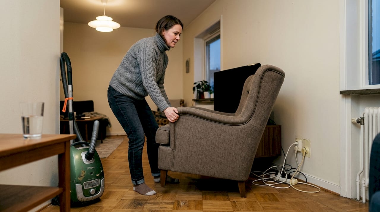 Kvinna flyttar på en möbel för att komma åt eluttaget till tv:n