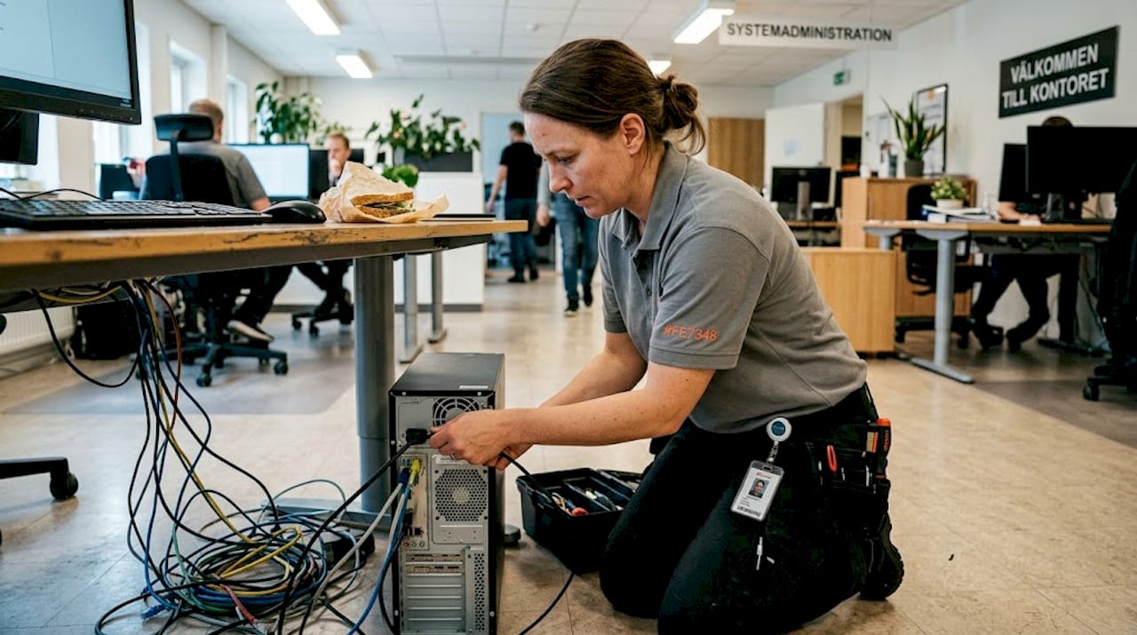 En IT-tekniker ser över och ordnar kablarna på kontoret.