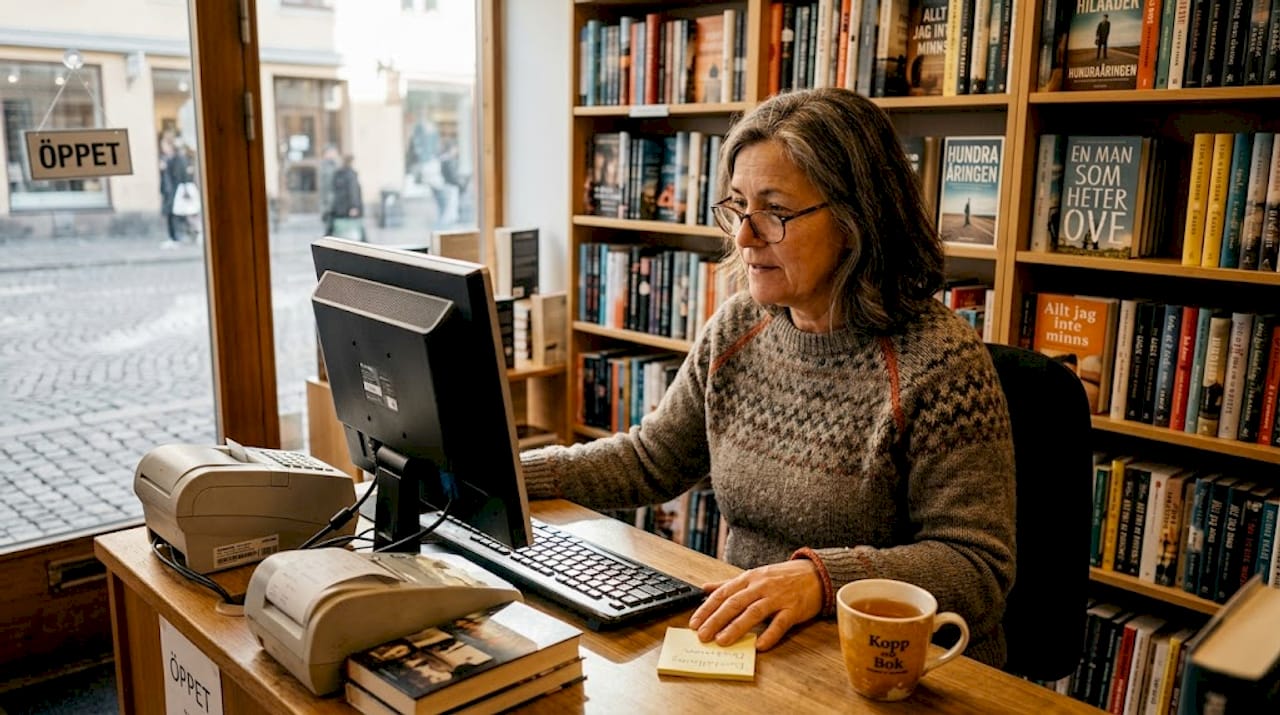 Butiksägaren sitter och arbetar vid datorn mitt bland hyllorna i butiken.