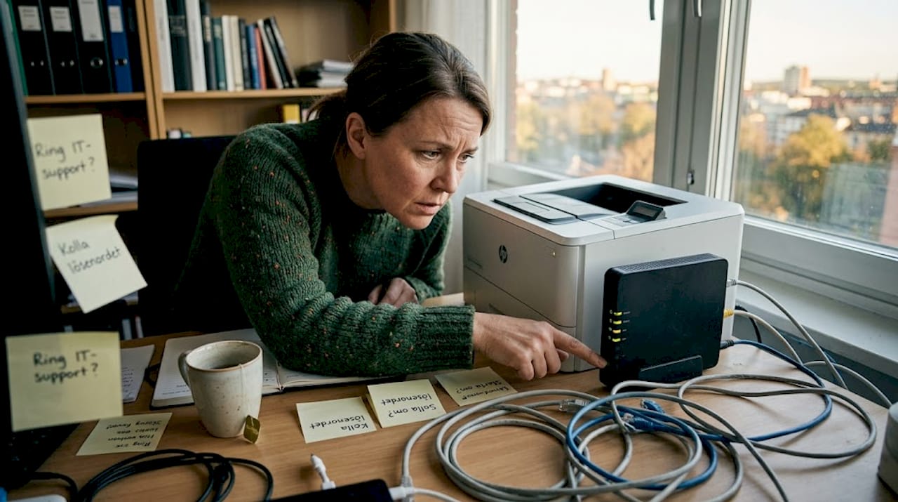 En kvinna ser över routern på ett mindre kontor.