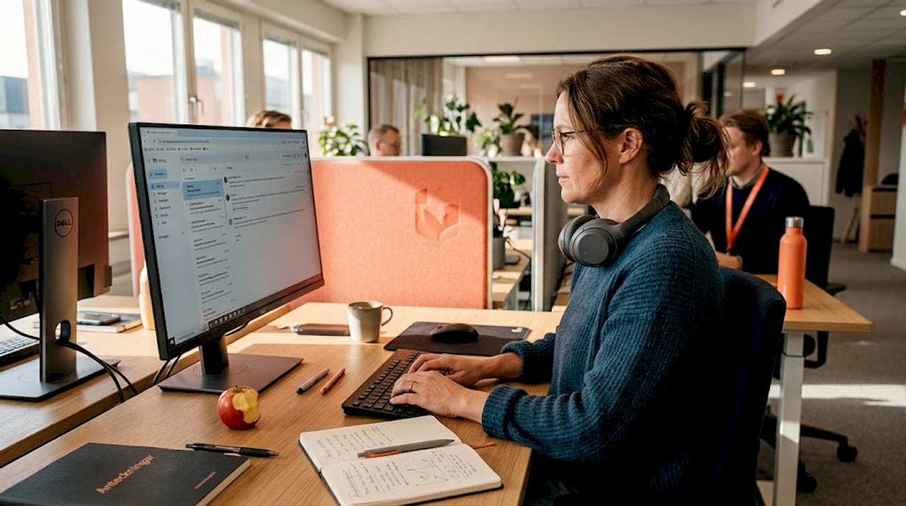 En kvinna sitter vid sitt skrivbord på kontoret och hjälper kollegor med IT-support.