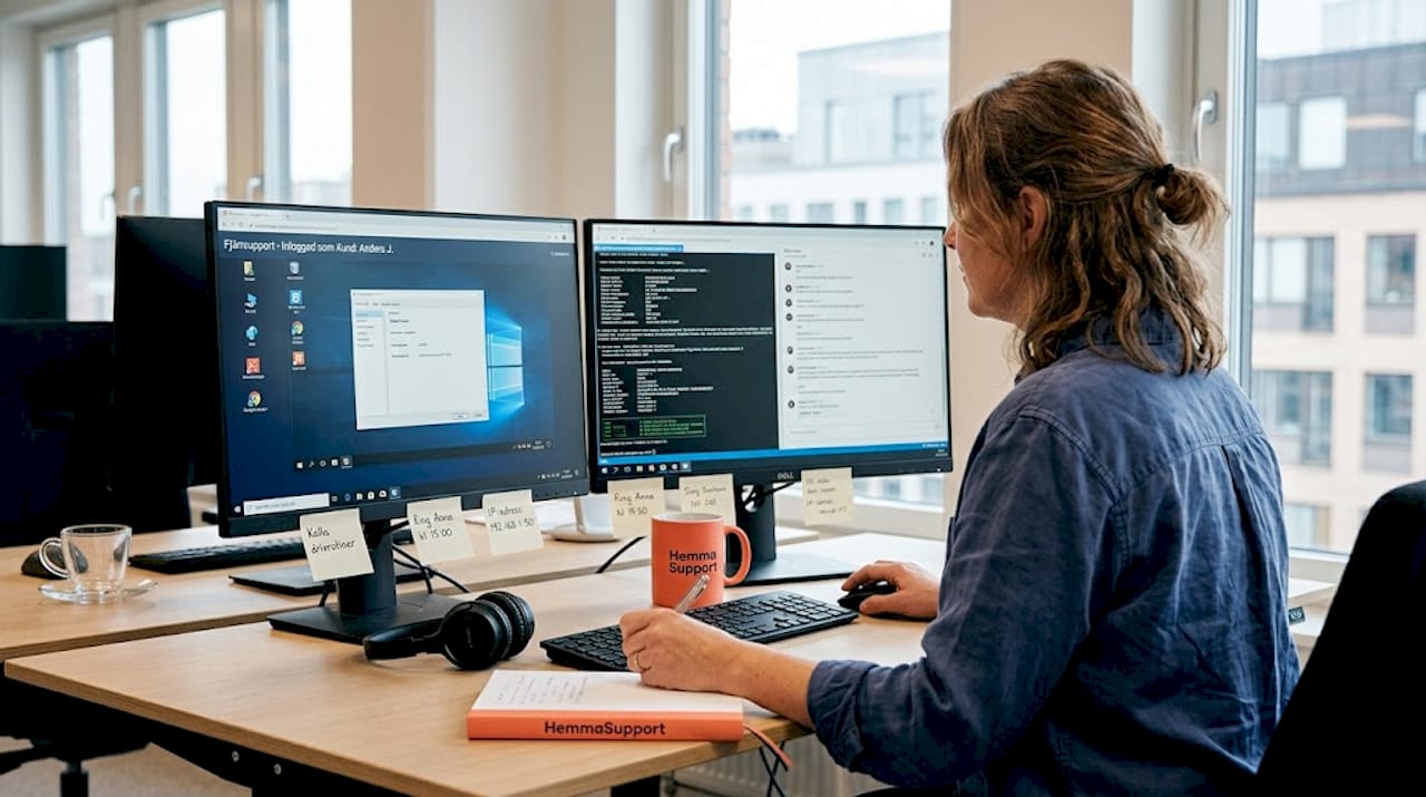 IT-tekniker hjälper till på distans när något strular på kontoret.