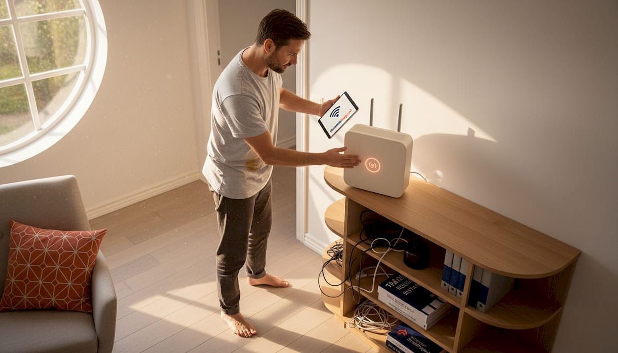 Man ställer in routern för att få bättre wifi-täckning.