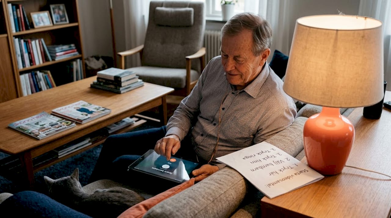 En äldre man sitter och bläddrar i en pappersguide samtidigt som han använder en surfplatta.