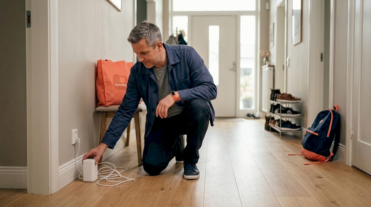 En mesh-router sätts upp i den rymliga hallen.