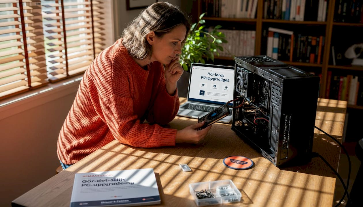 En kvinna sitter vid vardagsrumsbordet och går igenom datorns komponenter.