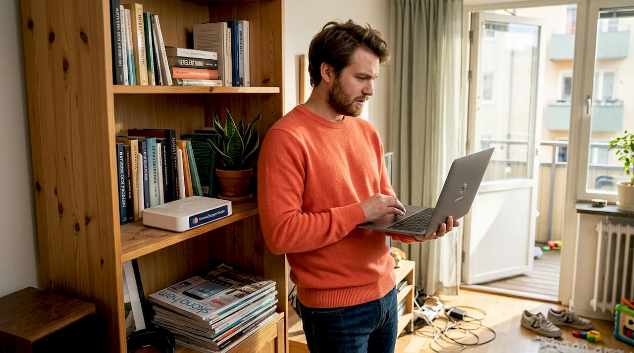 Någon som går runt i lägenheten och kollar hur bra wifi-signalen är.