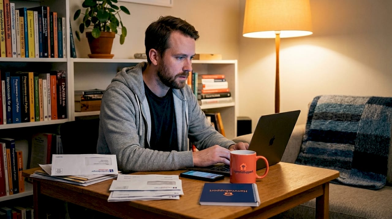 I ett vardagsrum sitter en person och tittar bekymrat på sin laptop.
