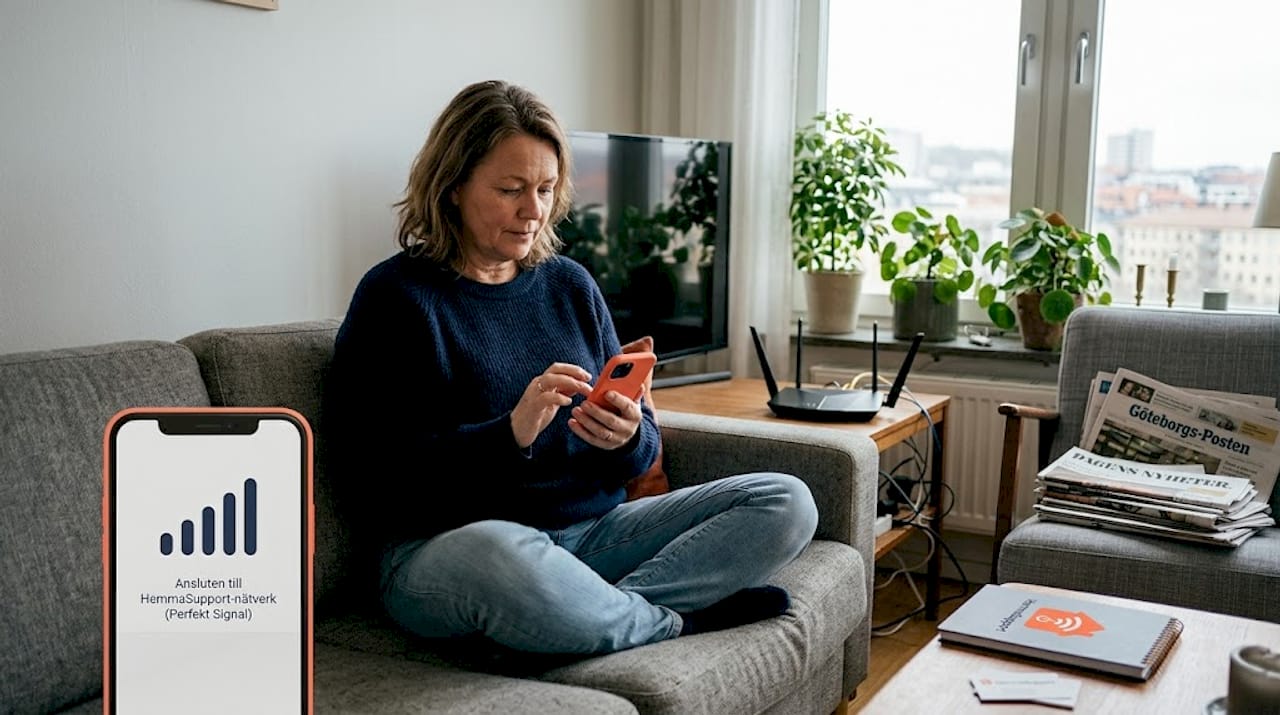 En person kollar hur snabbt wifi är på mobilen hemma i Göteborg.