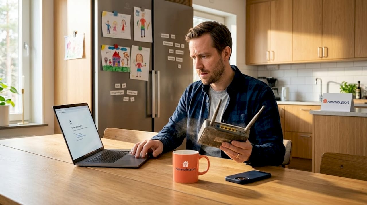 Bekymrad man sitter vid köksbordet och håller i sin router