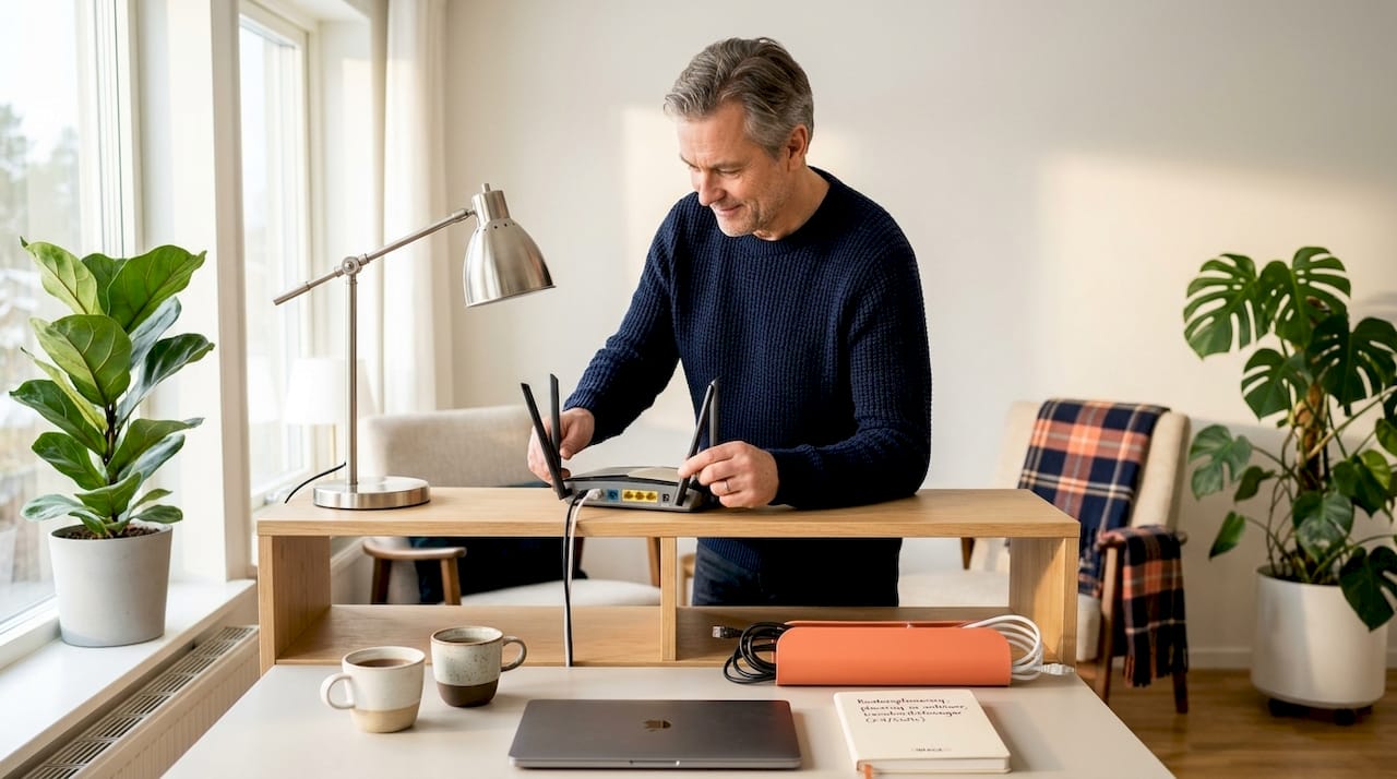 En man flyttar runt routern för att få bättre wifi hemma.