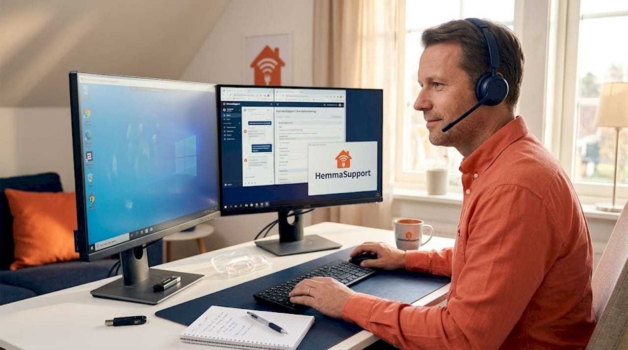 En IT-tekniker sitter vid skrivbordet och felsöker problem på distans.