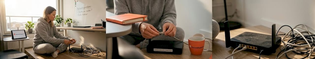 Någon felsöker sitt wifi hemma genom att kolla routern och dra om nätverkskablarna.