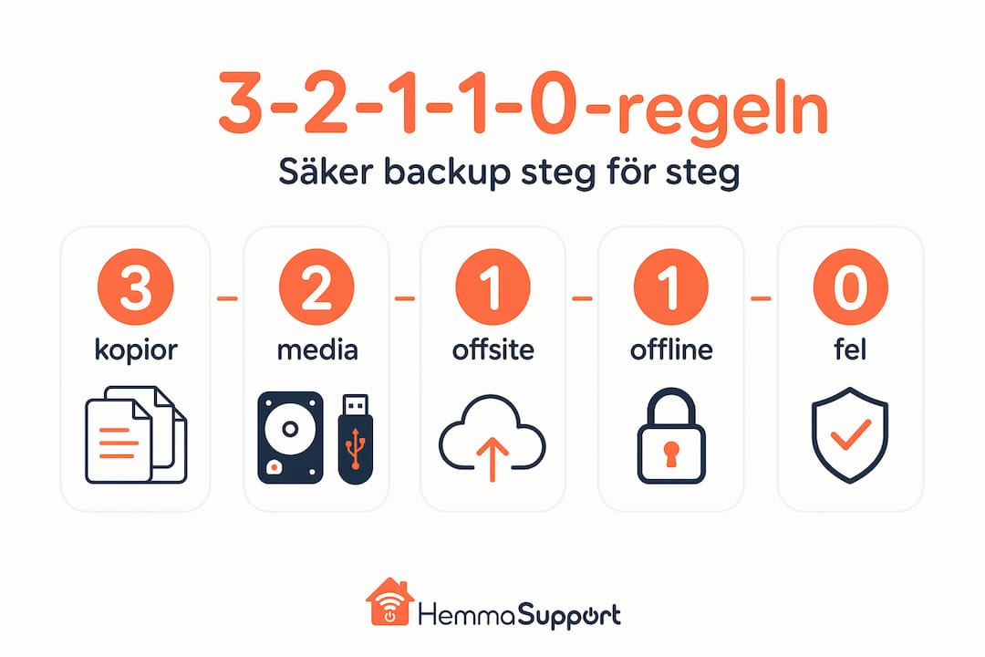 Illustration av backupregeln 3-2-1-1-0 – överskådligt presenterad i en vertikal infografik