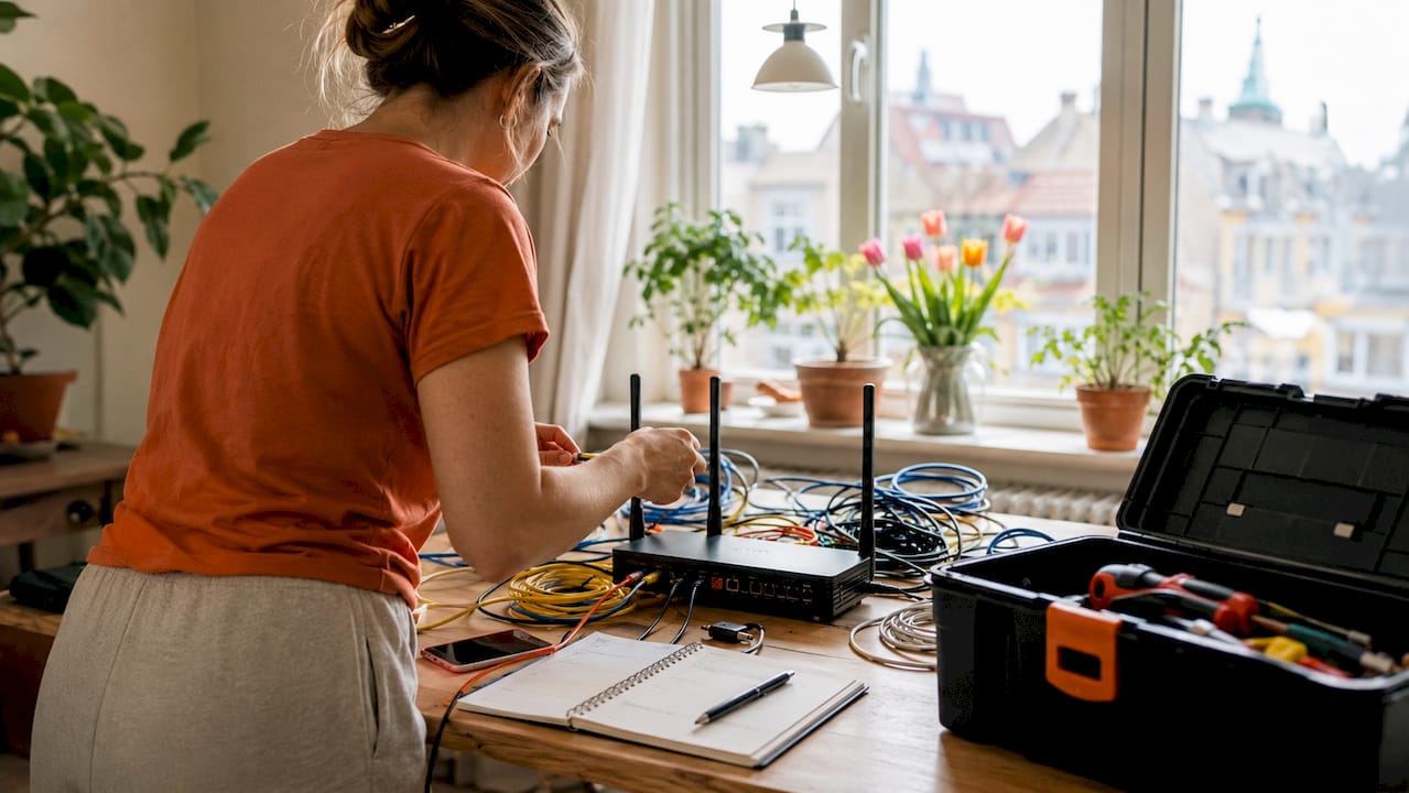 Kvinna fixar ordning bland nätverkskablarna när hon jobbar hemifrån