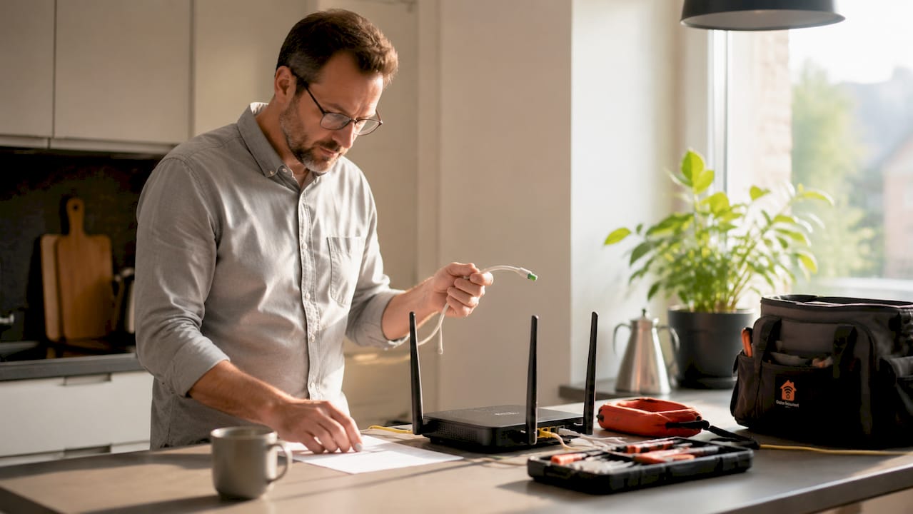 Man kontrollerar fiberanslutningen och routern i hemmakontoret för att säkerställa att allt fungerar som det ska.