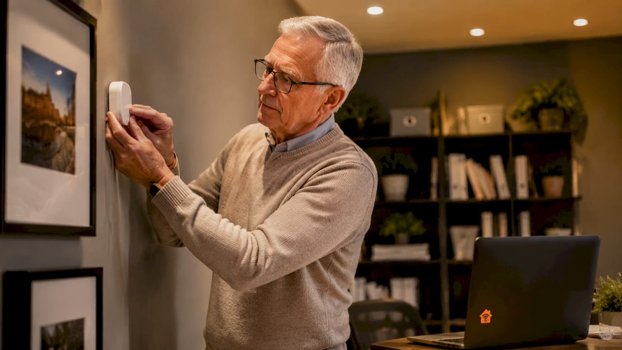 Någon ställer in det digitala trygghetslarmet med händerna