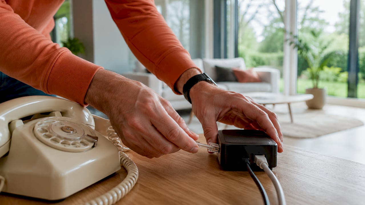 Ett par händer kopplar in en gammal telefon till en IP-adapter.