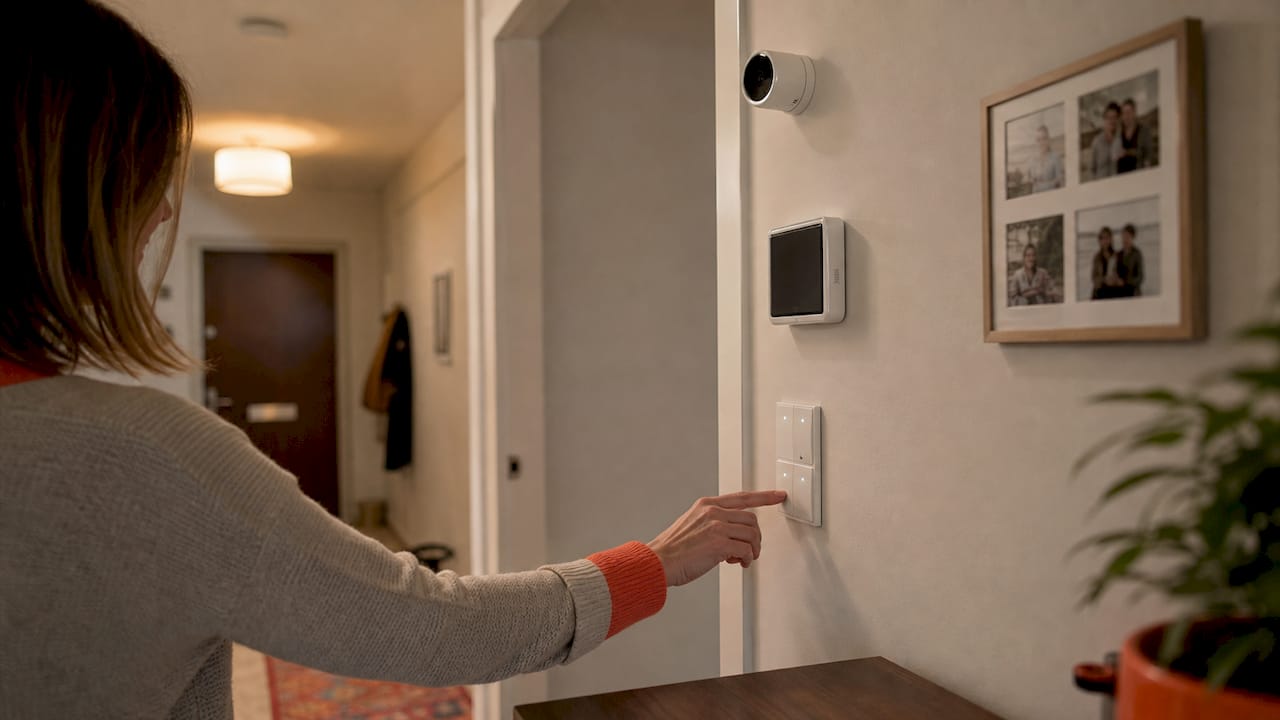 Detaljbild på en digital smart hem-enhet monterad på väggen