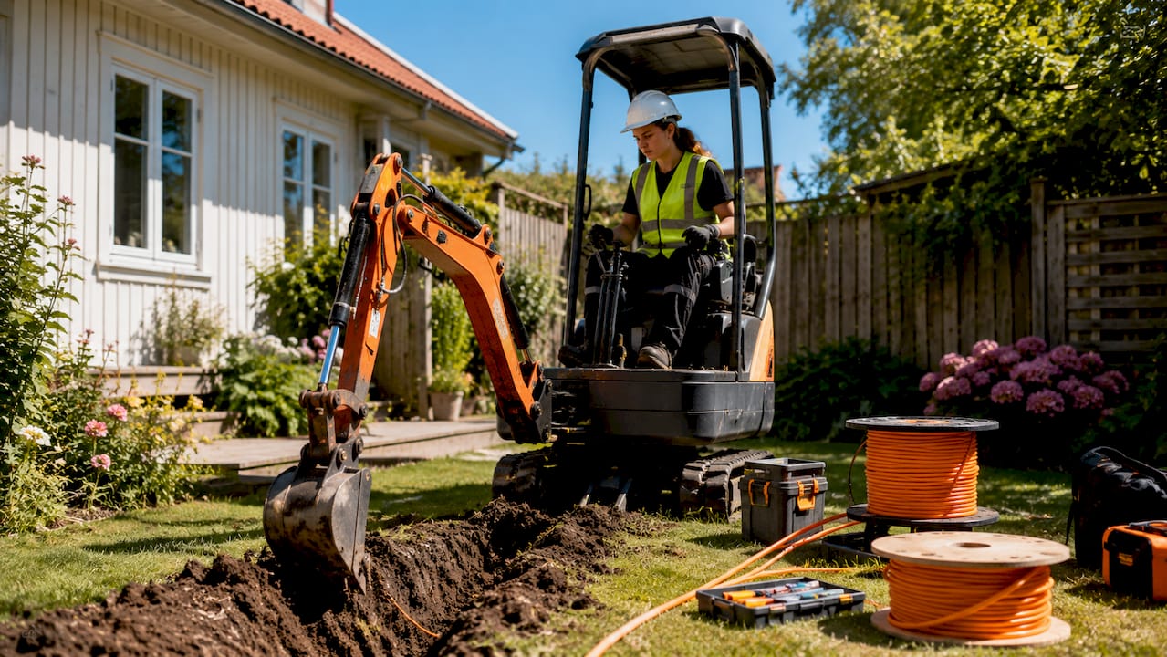 Markarbete för installation av fiberkabel intill husets fasad