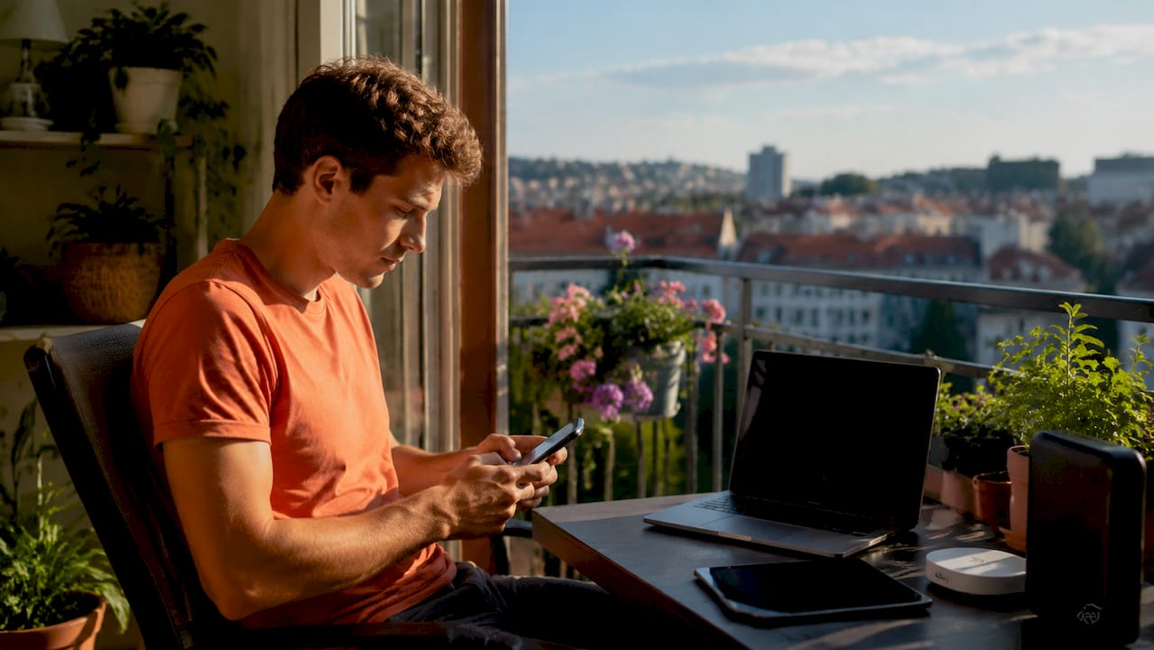 Ett par händer som håller i en mobiltelefon och en router