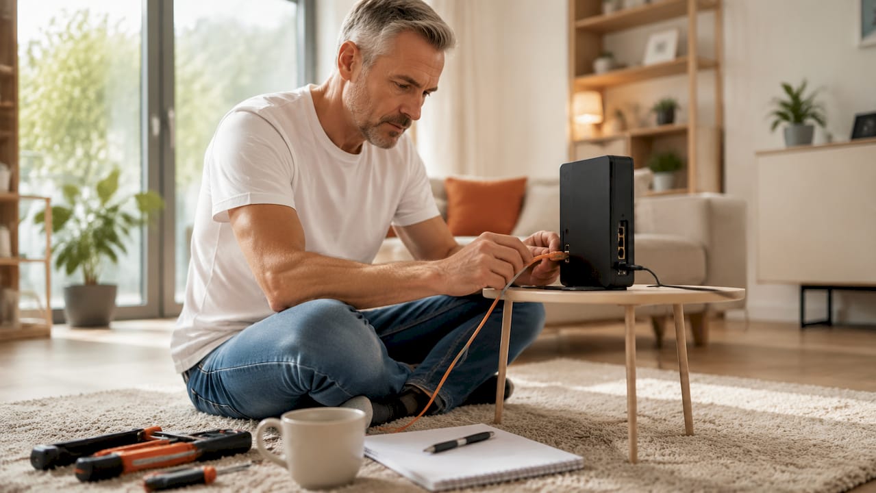 Ett par händer kopplar in kablar i en router.