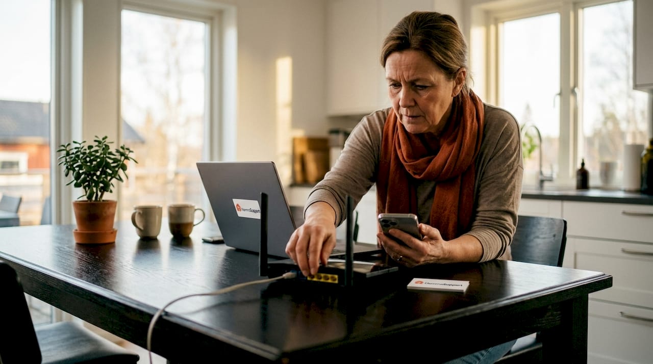 Ett par händer håller i en mobiltelefon och en router, inomhus.