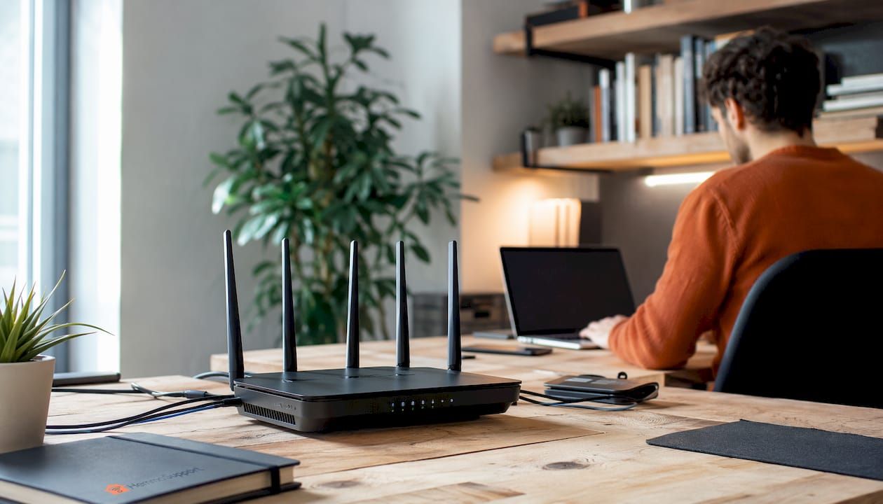 En modern wifi-router står placerad på skrivbordet, fotograferad i närbild.